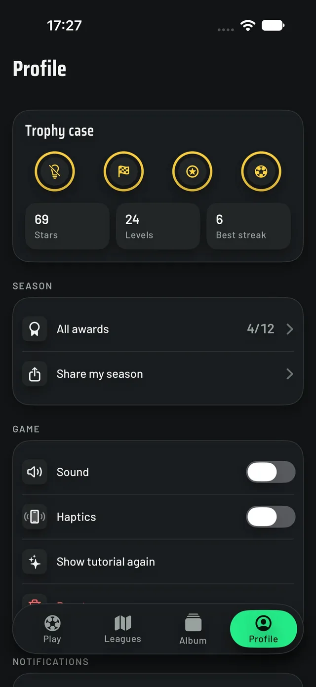 Profile tab with the trophy case, stars, levels and best streak