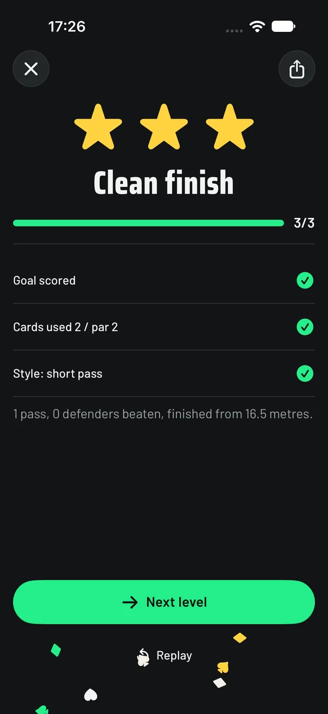 Result screen with three stars and Clean finish